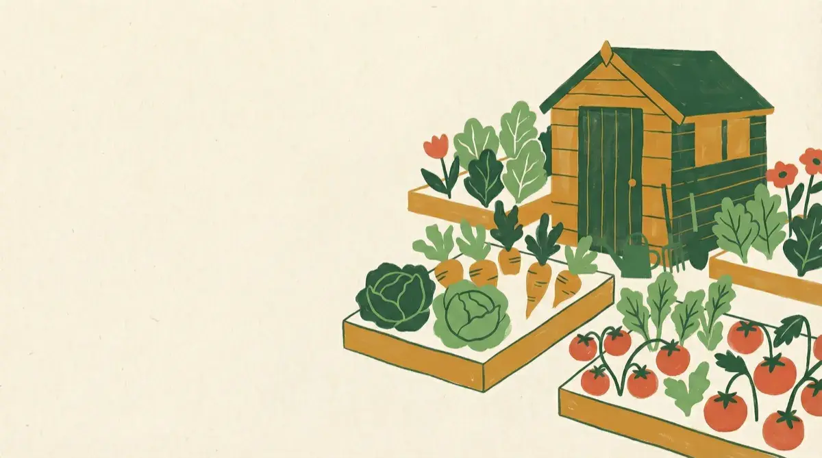 Illustrated allotment scene with raised beds, shed and vegetables